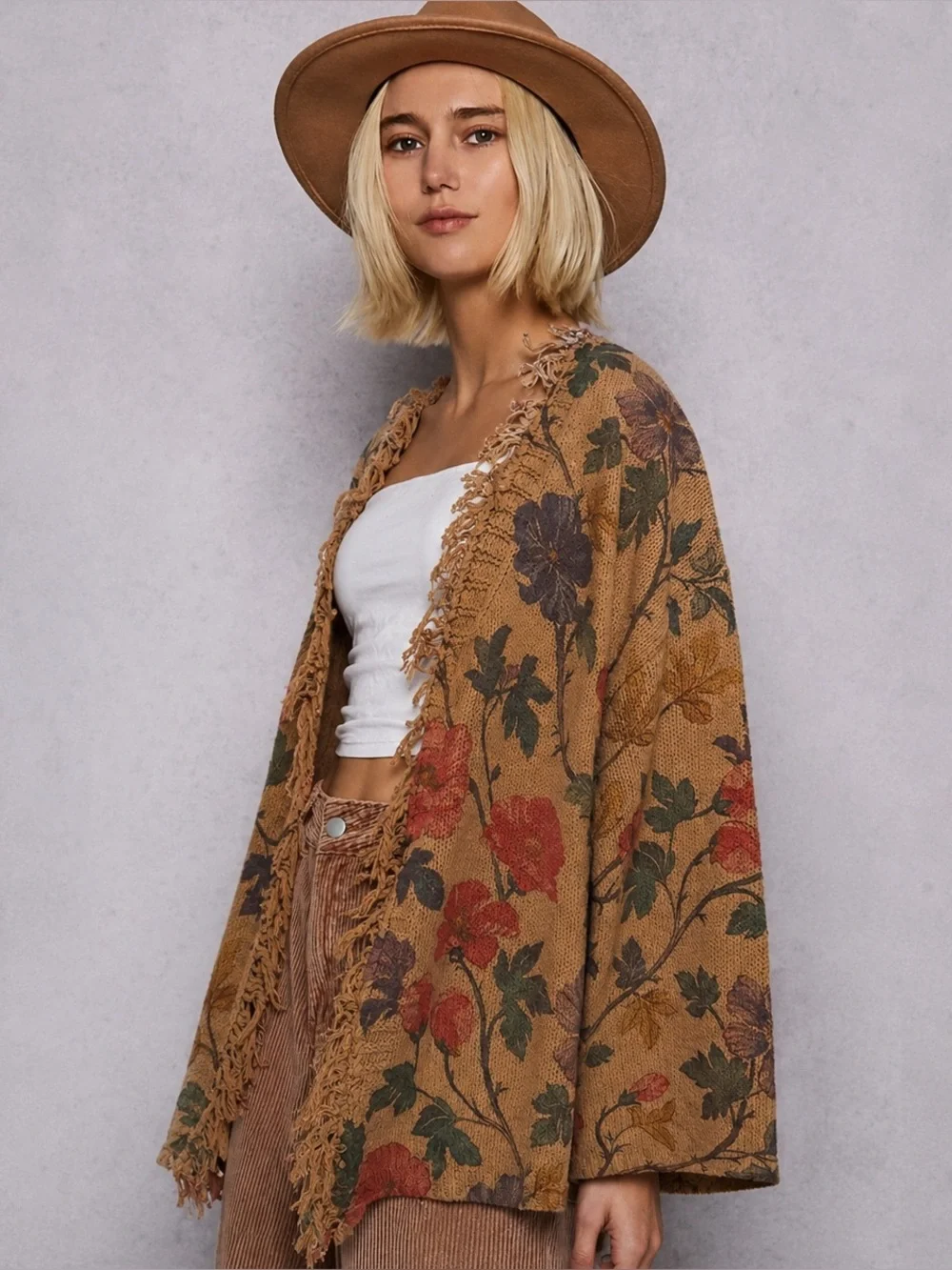 POL Floral Print Fringe Open Cardigan Boho Cottagecore Oversized Sweater L